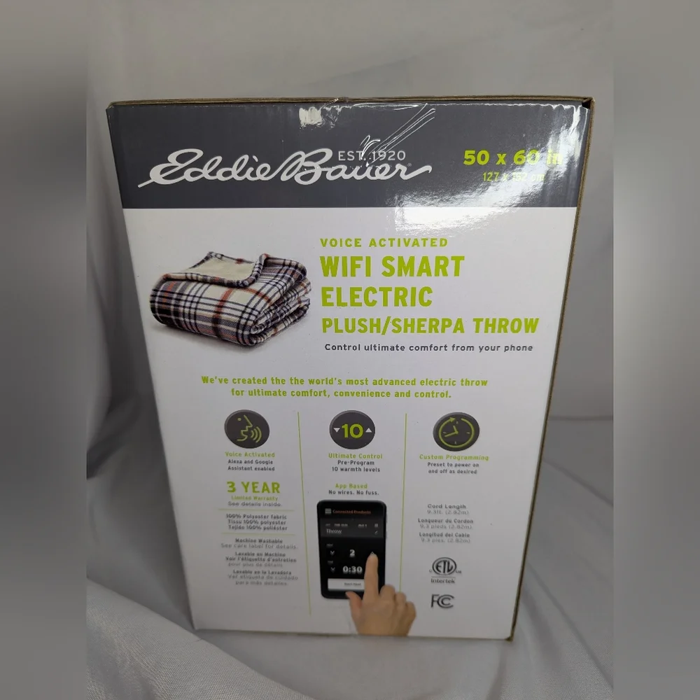 Eddie Bauer Voice Activated WiFi Smart Electric Sherpa Plaid Throw Blanket - NEW